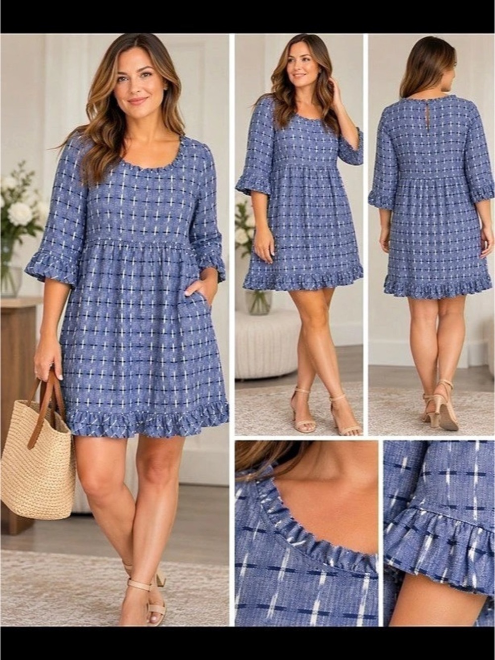 Tuckernuck Blue Ikat Ruffle Dress Cotton Mini Dress Blue & Cream XL